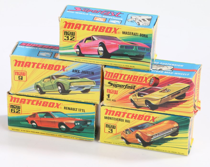 Matchbox Superfast cars, new 1 mod rod, new 3 Monteverdi Hal, new 9 AMX Javelin, new 32 Maserati
