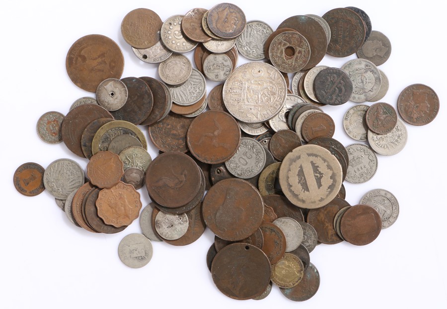 Collection of World coins, Copper and silver examples, France, British, Netherlands, Mauritius,