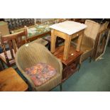 Two Llyod Loom chairs, together with a table and a stool, (4)