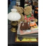 Collection of items, to include pictures, an oil lamp, tins, vanity set, tea set and teddy bears, (