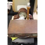 Collection of items, to include a print, newspapers, typewriter, oak lamp, leather case, vanity set,
