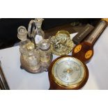 Silver plated cruet, together with a Bouchon bottle stopper, a mahogany barometer, a brass dish