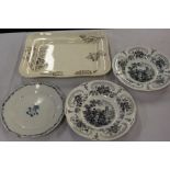 French 19th Century pottery plate, together with a pair of transfer decorated bowls and a meat dish,