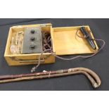 Osborne Garrett & Co Ltd electrotherapy kit, housed in original box, two walking sticks, one with