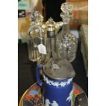 Two decanters, a claret jug and two plates, (5)