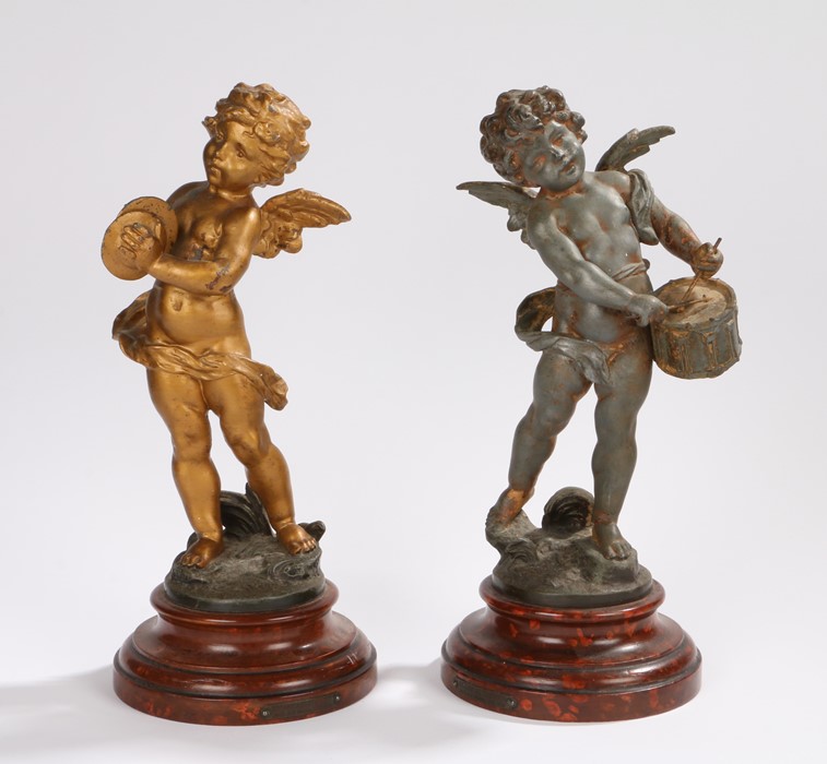 After L & F Moreau, a pair of late 19th Century French spelter figures titled "Enfant Au Tambour"