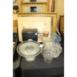 Collection of glass, to include a tazza, a blue glass vase, cut glass wine glass with purple top,