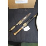 Two Eastern knives, with opal effect inset stone to the scabbards, horn and brass grips, (2)