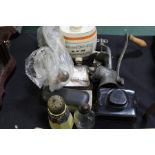 Collection of objects, to include two mincers, a camera, Rum flask, medals, castor, etc, (qty)