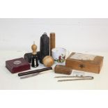 Objects, to include a box, clock weights, porcelain cup, needle case, Napoleonic straw work case,