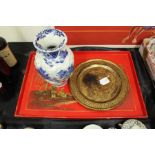 Chinese items, to include a blue and white vase, a red lacquer tray and a black lacquer tray, (3)