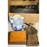 Collection of items, to include horse brasses, corkscrews, a jug, binoculars, draughts set, etc, (