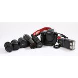 Canon EOS5 camera body, Canon lenses to include FD 300mm 1:5.6, FD 200mm 1:4, FD 135mm 1:3.5,