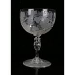 19th Century etched wine glass, with trailing vine leaf decoration to the bowl and foot, 16cm high