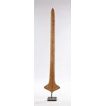 Long iron spear, with a tapered blade on mount, 158cm high