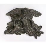 19th Century cast iron angel plaque, with an angel wings spread with a putto to the side, 47cm