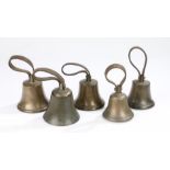 Five campanology hand bells, of varying sizes, (5)