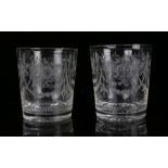 Pair of Victorian glass whiskey tumblers, with finely etched flower bouquets and swag design, a