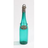 Victorian green glass wine bottle with silver neck, Birmingham 1854, maker James Collins, the plated