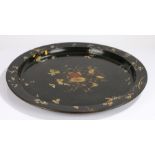 Early 19th Century papier mache tray, the circular tray decorated with flowers and butterflies, 60cm