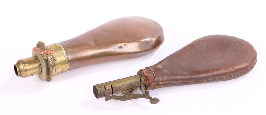 19th Century copper Sykes Patent powder flask, with brass spout, together with a leather and gilt