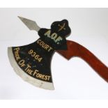 Ancient Order of Foresters wooden axe, the wooden axe blade with A.O.F. Court 9364 Pride Of The