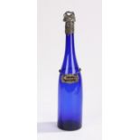 Victorian blue glass wine bottle with silver neck, Birmingham 1854, maker James Collins, the