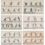 Set of four French fencing engraved and hand coloured bookplates, housed in dark stained glazed