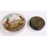 19th Century Austrian papier mache circular snuff box, decorated with three men in Alpine costume