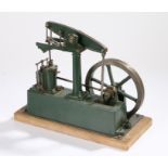 Stuart live steam single cylinder beam engine, in green livery on an oak base, 33cm long