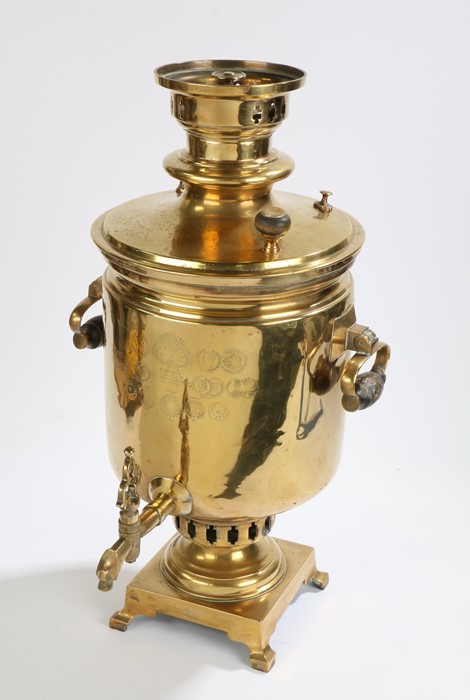 19th century Russian brass twin-handled cylindrical samovar, with inscribed Cyrillic maker's mark