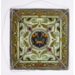 Victorian stained glass panel, with a central Fleur De Lis and geometric scroll surround, 40cm x