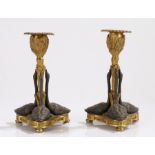 Pair of 19th century steel and brass candlesticks, with acanthus leaf cast sconces above swan