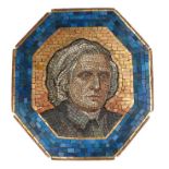 19th Century mosaic of John Wesley, the portrait with a gilt and blue edge, 39cm wide, 43cm