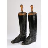 Pair of ladies black leather riding boots together with their trees engraved Miss H. Buxton