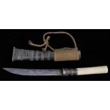 19th Century Burmese dha dagger, the ivory grip above a steel blade and white metal scabbard, 22cm