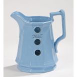 Sidney's patent measuring jug, 1845 - 1856, in blue glaze with three glass windows displaying the