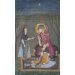Delhi school, gouache painting, mid 19th Century, Moonlight scene, 10.5cm x 16.5cmOverall good