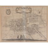 Map depicting the Hague circa 1560, titled and dated top centre and flanked by two crests, with