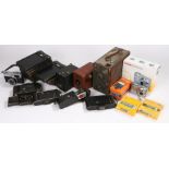 Cameras and accessories, to include Kodak cameras, an Olympus, films, flash unit, plates, etc, (