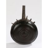 18th Century wheel lock powder flask, the carved oak body with roundel decoration, with steel