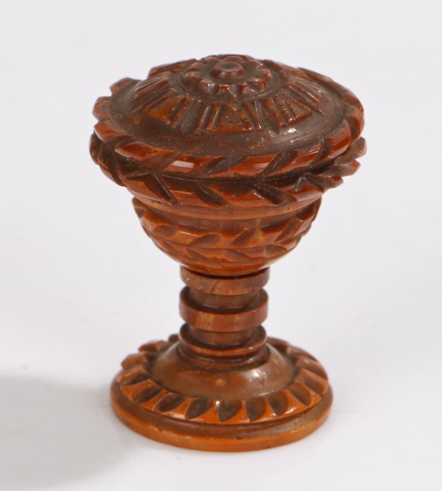 19th Century coquille nut vinaigrette, with a screw top enclosing a pierced top and turned column,