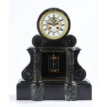 Victorian black slate and marble mantel clock, the drum top above roundels and a show mercury