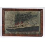 Folk Art painting of a ship, named Paris with three chimneys and sails, 52cm diameter