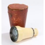 George III ivory monocular, housed within a leather clad case, the monocular, 8.5cm high