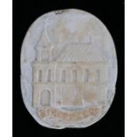 18th Century alabaster plaque, depicting Streefkerk and a church carved to the oval plaque, 11.5cm