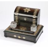 Victorian coromandel and mother of pearl desk stand, with a stationary box, two inkwells and pen