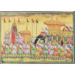 School of Jaipur, Rajasthan, India, of a processional group with oxen and elephant, 20cm x 14.