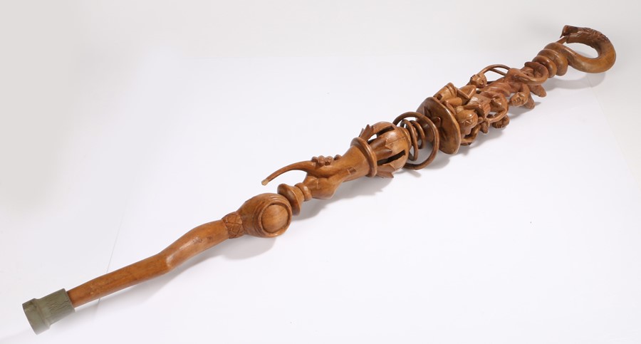 African carved walking stick, with a coiled snake above figure playing musical instruments and a - Image 2 of 2