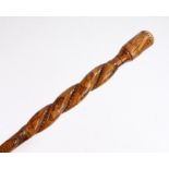 Snake carved walking cane, with snakes trailing up the stick and pokerwork decorated upper section